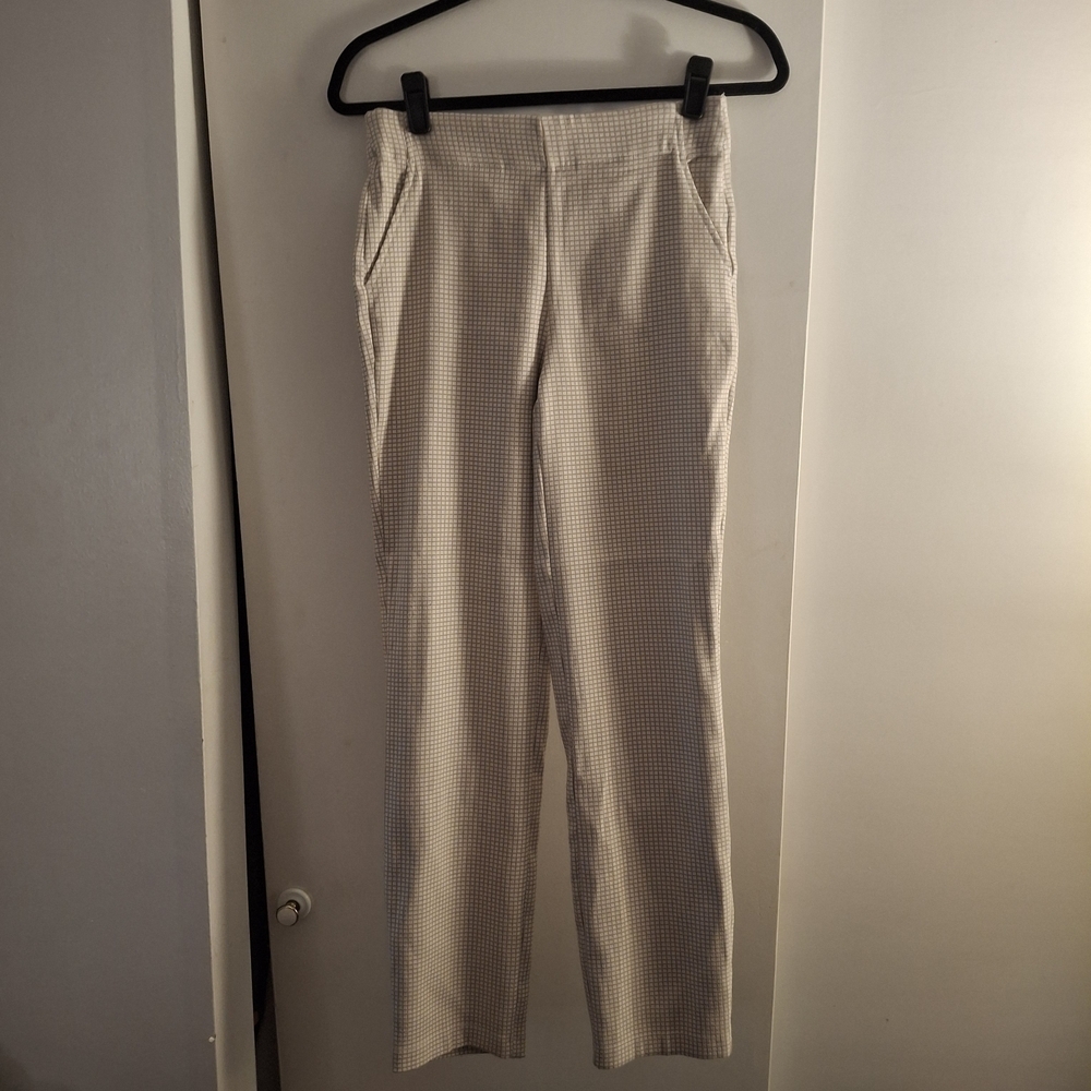 Max Studio Women's Light Beige And White Chekered Patterned Strerch Pants
